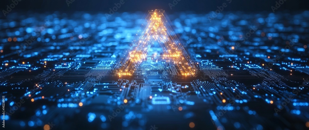 Poster a blue and white image of a network of lines and dots, blue technology background with circuit board