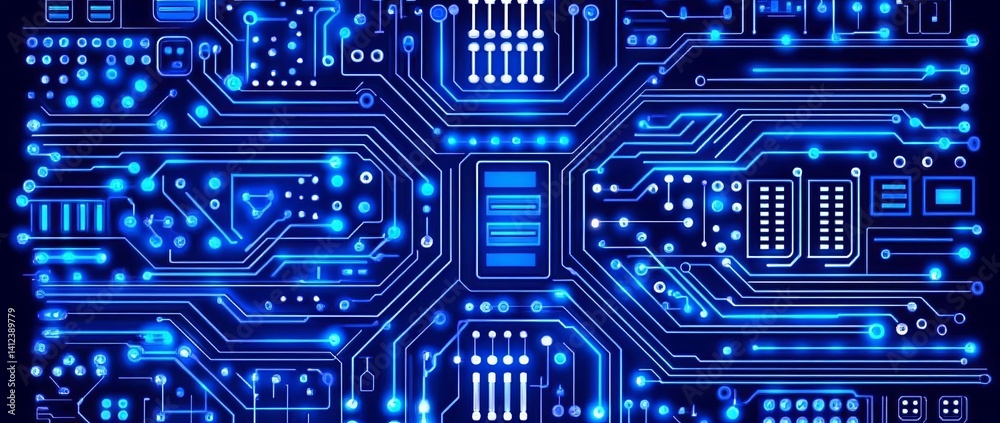 Poster a blue and white image of a network of lines and dots, blue technology background with circuit board