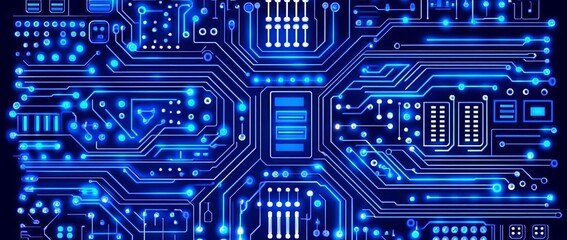 A blue and white image of a network of lines and dots, Blue technology background with circuit board and digital lines vector illustration, high-tech abstract wallpaper.