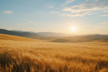 Golden wheat field at sunset, rolling hills, serene landscape