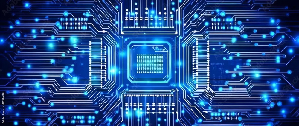 Poster a blue and white image of a network of lines and dots, blue technology background with circuit board