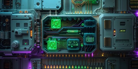 Fototapeta premium Complex futuristic machinery with glowing green and purple accents, detailed panel design.