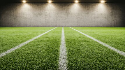 Obraz premium Green Turf on a Football Field with Concrete Wall Background