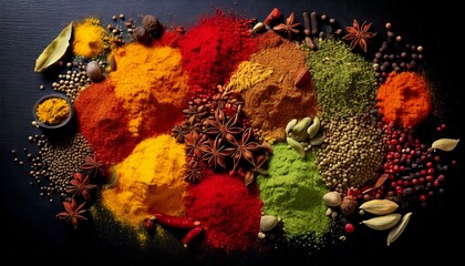 Close-up of various spices scattered artistically on a dark textured surface, forming an abstract mosaic