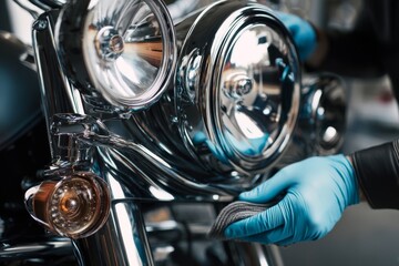 A gloved hand carefully cleans a gleaming motorcycle with a soft cloth, removing dirt and grime.