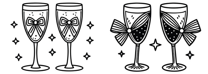 Coquette Line Art Champagne Glass with Bow – Hand Drawn Cocktail Doodle Vectors

