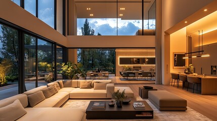 Contemporary living room showcased in both daylight and nighttime settings, emphasizing modern home decor. 