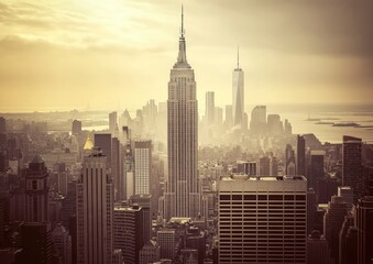Iconic New York City skyline at golden hour