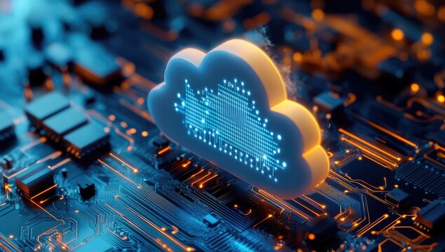 Cloud computing technology on a circuit board.  A 3D rendered image shows a luminous cloud icon positioned atop intricate circuit board traces.  The glowing cloud design is highlighted by subtle  - Powered by Adobe