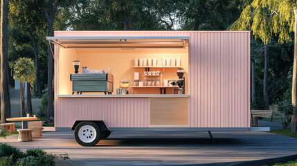 Mobile Coffee Shop: A modern coffee shop on wheels, stylishly blending a pop of color and design into a lush natural setting, presenting an inviting scene of a cozy cafe experience.