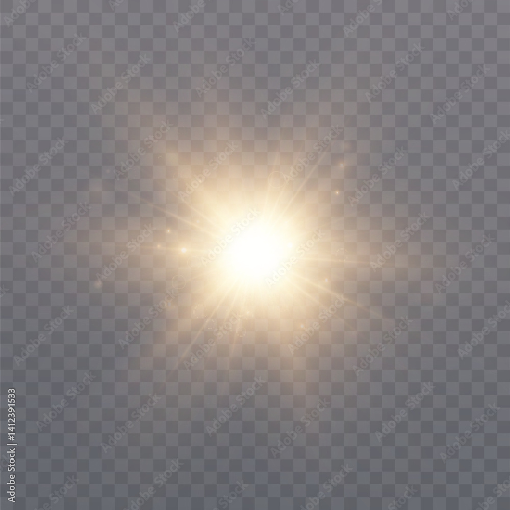 Poster Bright golden light explodes into glowing particles and highlights on a transparent background. Backlighting effects, visual explosion effects or decorative spark overlays.