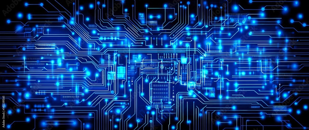 Sticker a blue and white image of a network of lines and dots, blue technology background with circuit board