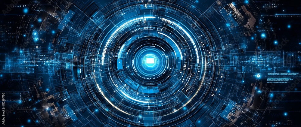 Poster a blue and white image of a network of lines and dots, blue technology background with circuit board