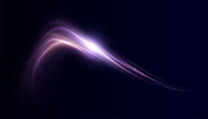 Obraz premium Abstract violet light trail with glowing particles on dark background. Suitable for sci-fi backdrops, digital effects, energy visuals, and futuristic UI elements. 