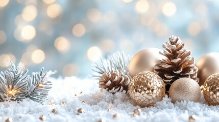 Obraz premium Elegant Winter Scene with Gold Decorations and Pine Cones