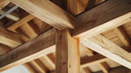 Carpenter trimming wooden beams for ceiling installation. Featuring craftsmanship and attention to detail