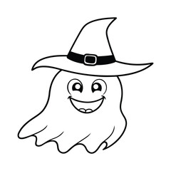 Happy Ghost Illustration With Witch Hat for Halloween Coloring
