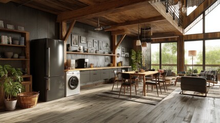Rustic modern kitchen and living area with dark wood accents, and large windows offering plenty of natural light.
