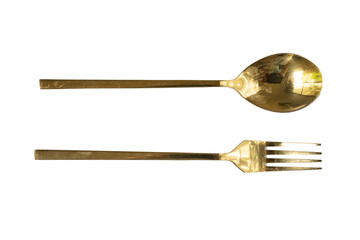 The set of bronze spoon and fork isolate on white.