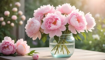 Close-up pink peonies in beautiful art processing. Background of peonies. Bouquet of beautiful flowers peonies.