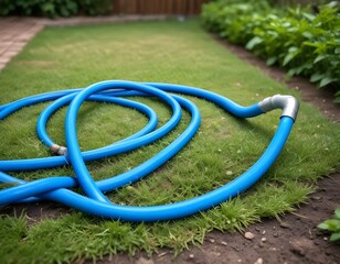 close up of watering hose lies on the grassy ground. blue rubber tube with device for spraying and watering plants in the garden. selective focus