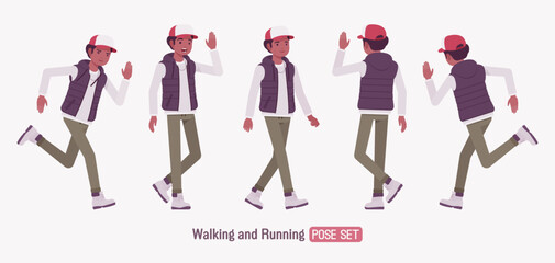 Young dark skin guy wearing cap, vest run, walk pose set. Boy urban, camping holiday outing hiking boots, male casual and daily outdoors chilly or cold activity. Vector flat style cartoon illustration