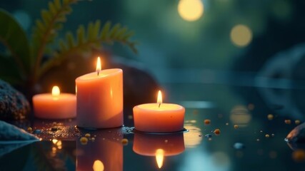 Glowing candles floating on water with natural stones and plants at dusk.
