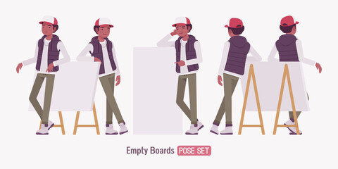 Young dark skin guy wearing cap, vest leaning pose set. Boy urban, camping holiday, outing hiking boots, male casual and daily outdoors chilly or cold activity. Vector flat style cartoon illustration