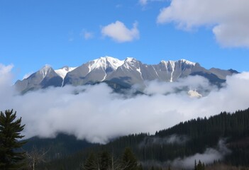 Majestic snow capped mountains rise above a misty valley forest A breathtaking view of nature's beauty