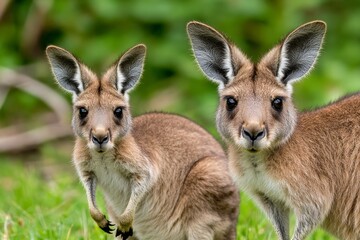 Fototapeta premium A mother kangaroo (Macropodidae family) hopping across the outback with her joey peeking out of her pouch