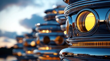 Chrome cars, stacked, headlights, sunset cityscape