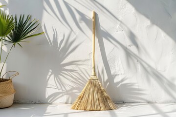 Natural Broom Against Textured White Wall with Shadow Play