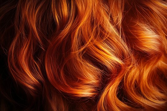 A close-up of a female's long, red hair serves as a background, showcasing beautifully laid, wavy, shiny, and curly locks with a vibrant carroty color, along with space for text