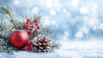 Festive Arrangement of Christmas Decorations with Snowy Background