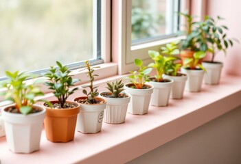 Fototapeta premium A Row of Small Potted Plants on a Pink Windowsill Basking in the Sunlight