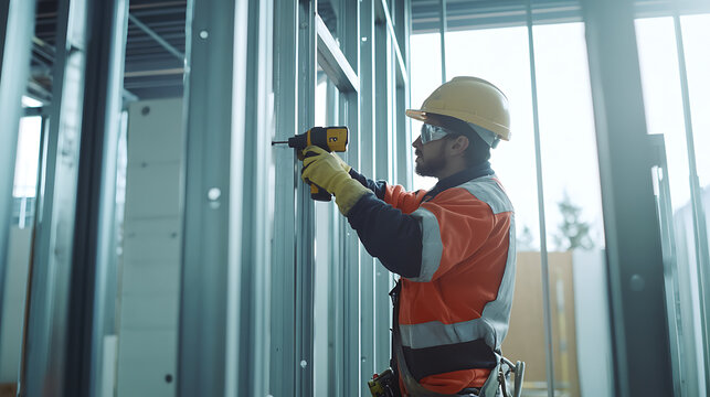 Construction worker installing metal framing for drywall. Structure and accuracy