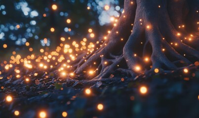 Glowing roots, enchanted forest, night scene, magical background, fantasy illustration