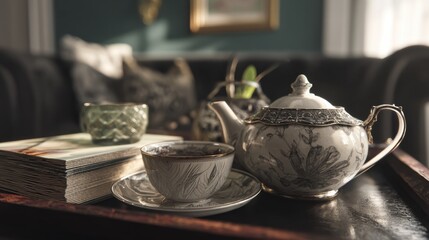 Fototapeta premium A cozy afternoon tea setting with a vintage teapot and teacup. Warm lighting enhances the elegant floral design.