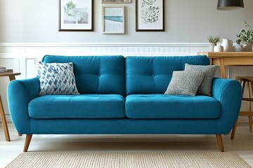 Un salón con cocina de color azul, muy luminoso, que cuenta con una gran venta, una mesa de madera en el centro y un sofá decorado con cojines, representado en una ilustración generada por