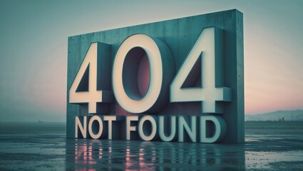 A striking large sign displaying '404 Not Found' stands in a tranquil outdoor setting during sunset. The calming colors of the sky enhance the theme of digital disconnection in a serene atmosphere