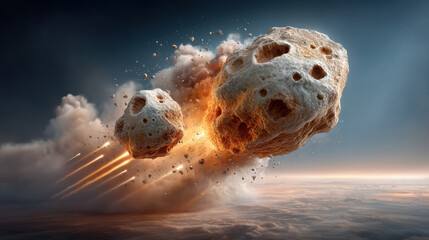 dramatic explosion of meteor in space creates stunning visual spectacle, with bright flames and debris illuminating dark expanse. scene captures raw power of cosmic events