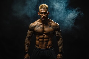 A dark background features sports wallpaper with a powerful athletic bodybuilder