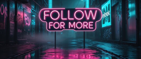 In a vibrant city alley, a striking neon sign glows in bright pink, encouraging viewers to follow for more content. The damp pavement reflects colorful lights, creating an energetic atmosphere