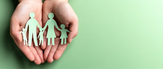 Hands of adults and children are intertwined as they hold a paper cutout of a family, embodying the ideas of family home, adoption, foster care, homeless support, and family mental health