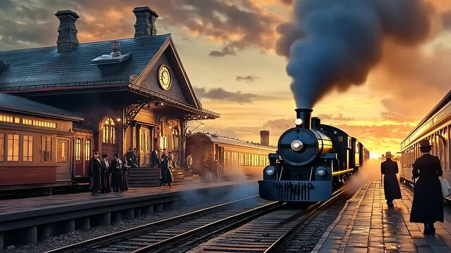 Vintage steam train arriving at a historic station during sunset, with passengers waiting nearby