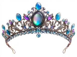 Fototapeta premium Blue jeweled tiara, isolated, white background, fantasy design, royalty