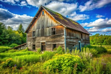Obraz premium Rustic Canadian Farm Building, Old Wooden Barn, Rural Landscape Photography, Vintage Architecture, Canadian Countryside