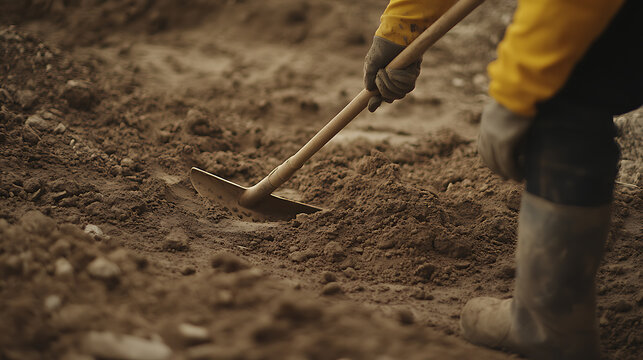Construction worker leveling the ground with a rake for foundation work. Highlighting ground preparation and precision