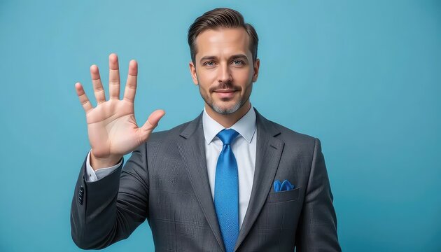 Confident Businessman in Gray Suit Shows Five Fingers Against a Blue Background