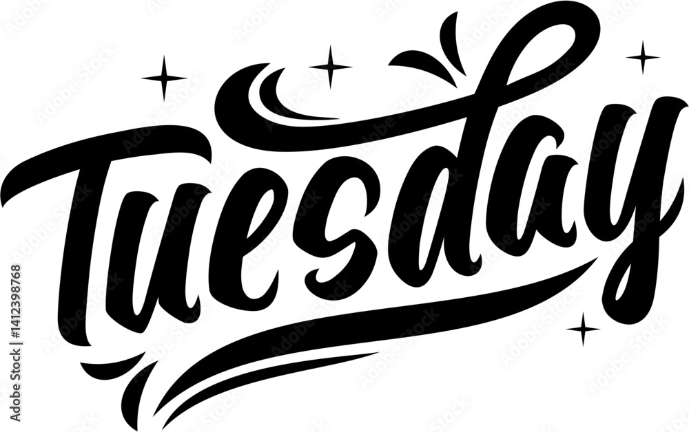 Fototapete tuesday script lettering typography vector, tuesday text font vector.